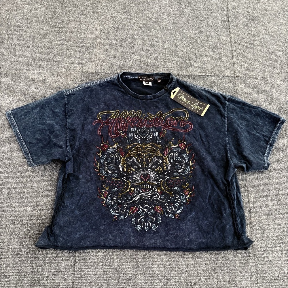 Affliction Black Label Women's Live Fast Rhinestones Distressed Tiger Tee XL NEW - Picture 3 of 12